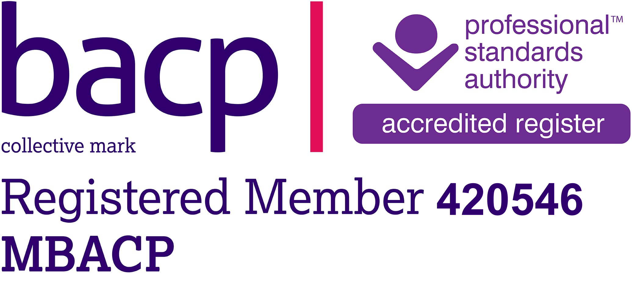 BACP Registered Member badge — Veena is MBACP 420546, accredited by the British Association for Counselling and Psychotherapy and the Professional Standards Authority